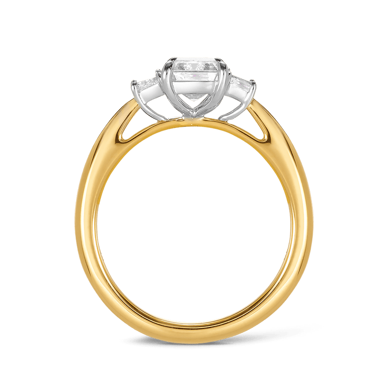 1.50 Carat Emerald Cut and Trapezoid Diamond Trilogy Engagement Ring in 18ct Yellow Gold Hardy Brothers 