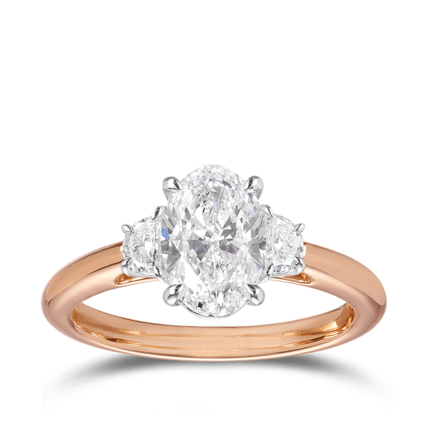 1.50 Carat Oval and Half-Moon Diamond Trilogy Engagement Ring in 18ct Rose Gold Hardy Brothers 