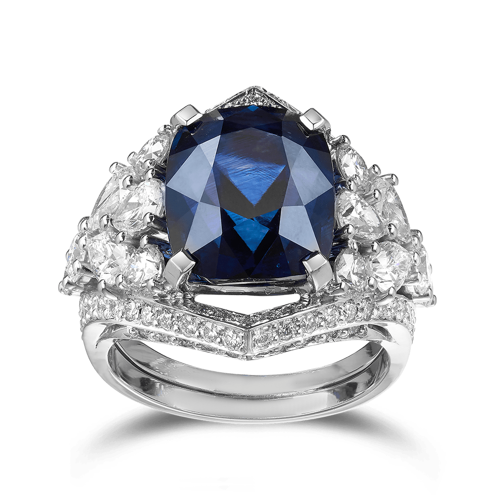 Vault® 11.04 Carat Cushion Cut Ceylon Sapphire and 1.26 Carat Diamond Ring in 18ct White Gold