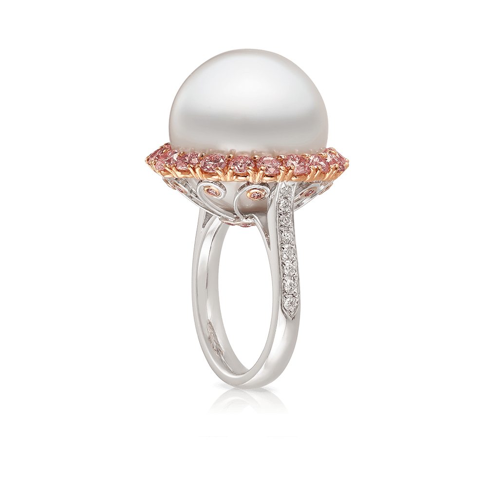 South Sea Pearl and Argyle Pink Diamond Vault Ring in 18ct White Gold Hardy Brothers