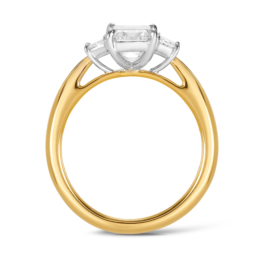 2.00 Carat Emerald Cut and Trapezoid Trilogy Engagement Ring in 18ct Yellow Gold Hardy Brothers