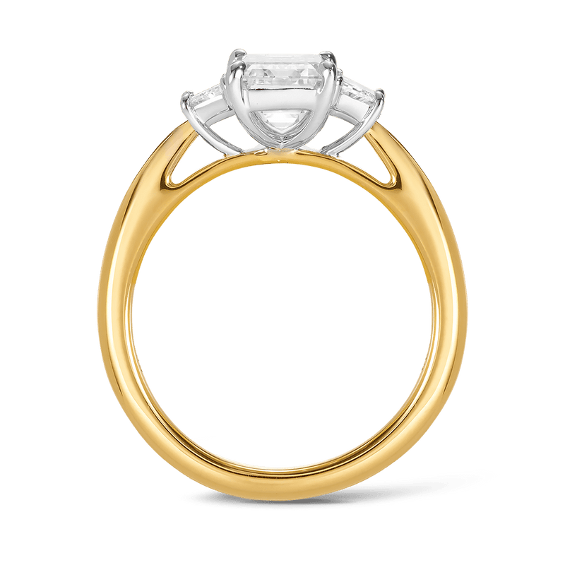 2.00 Carat Emerald Cut and Trapezoid Trilogy Engagement Ring in 18ct Yellow Gold Hardy Brothers 