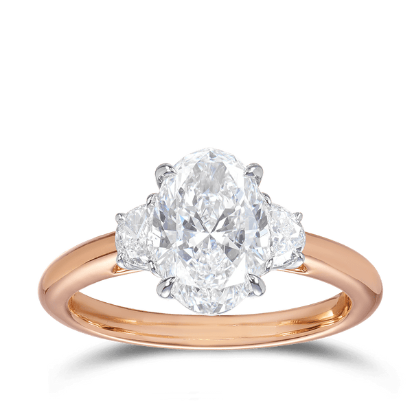 2.00 Carat Oval and Half-moon Diamond Trilogy Engagement Ring in 18ct Rose Gold Hardy Brothers 