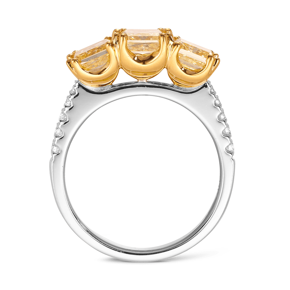 Vault® 3.29 Carat Yellow Diamond and 0.14 Carat White Diamond Trilogy Ring in 18ct White Gold