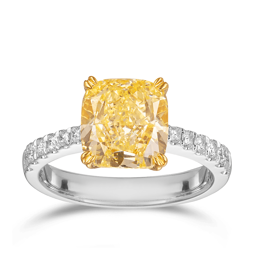 Vault® 3.31 Carat Fancy Yellow Diamond and 0.24 Carat Round Brilliant Cut Diamond Ring in 18ct White Gold