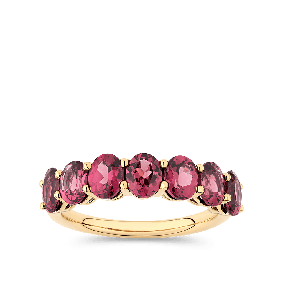 Oval Cut Rhodolite Garnet Half Eternity Band in 18ct Yellow Gold