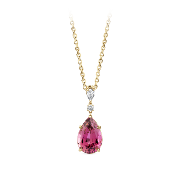 Pear Cut Pink Tourmaline and Diamond Pendant made in 18ct Yellow Gold Hardy Brothers Jewellers