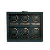 WOLF British Racing Green 6 Piece Watch Winder, item 792441, shown from the front with the cover closed. Six automatic watches sit in individual winding modules behind the glass window.
