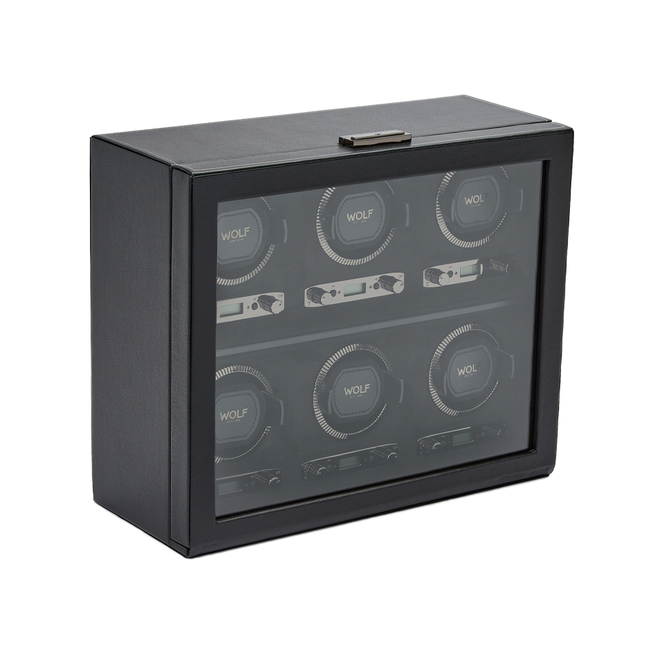 Wolf 1834 British Racing 6pc Watch Winder Black Leather Hardy Brothers Jewellers