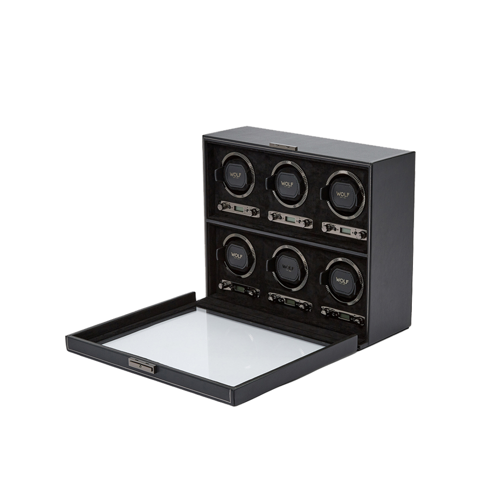 Wolf 1834 British Racing 6pc Watch Winder Black Leather Hardy Brothers Jewellers