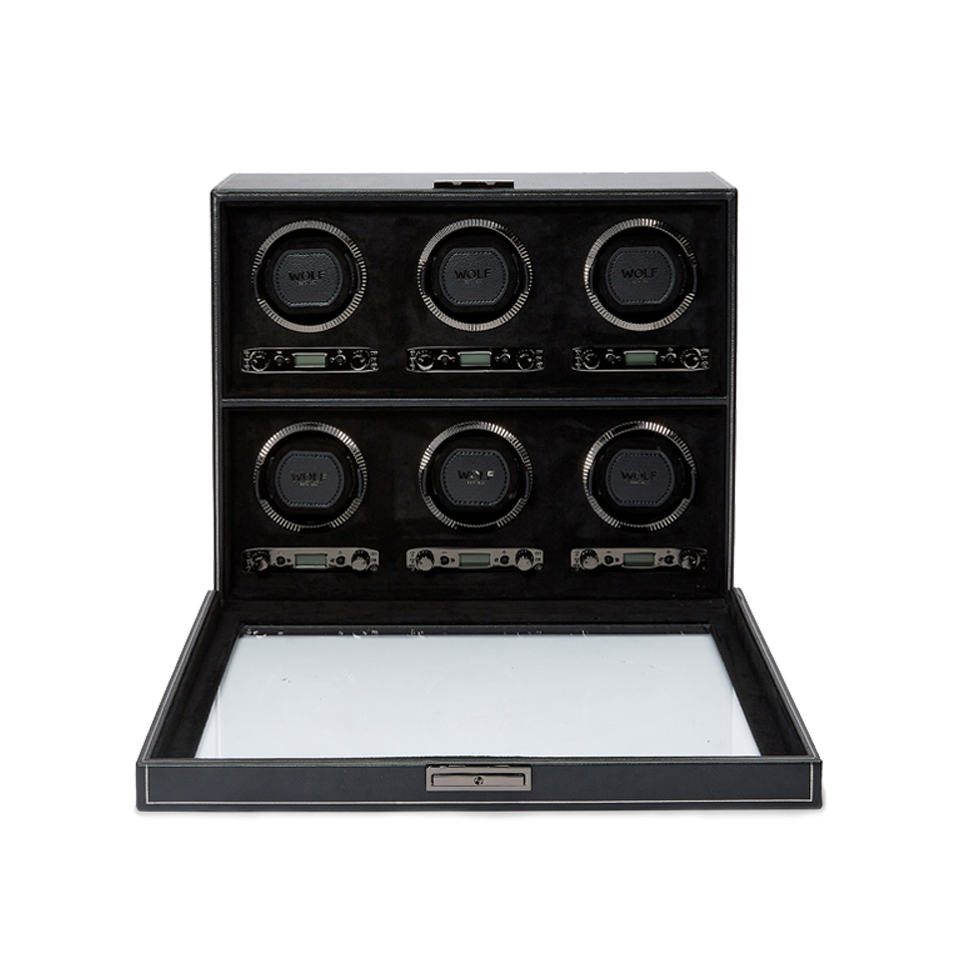 Wolf 1834 British Racing 6pc Watch Winder Black Leather Hardy Brothers Jewellers