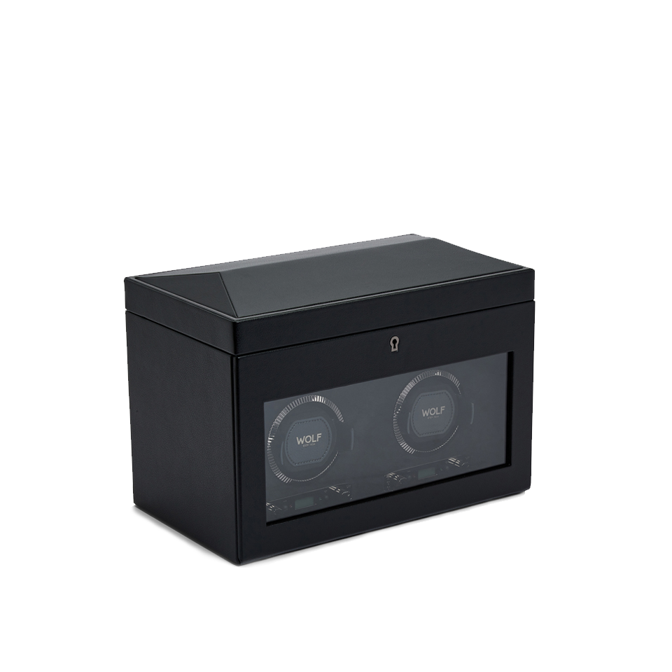 Wolf 1834 British Racing Double Watch Winder with Storage Black Leather Hardy Brothers Jewellers