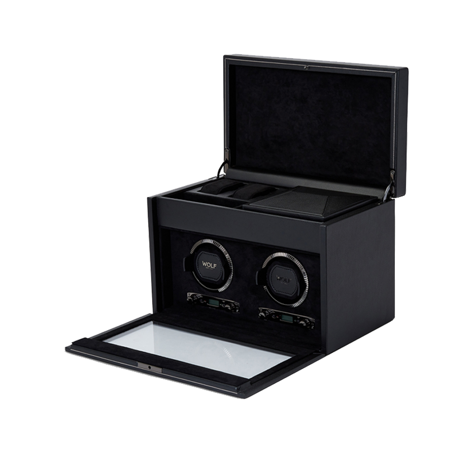 Wolf 1834 British Racing Double Watch Winder with Storage Black Leather Hardy Brothers Jewellers