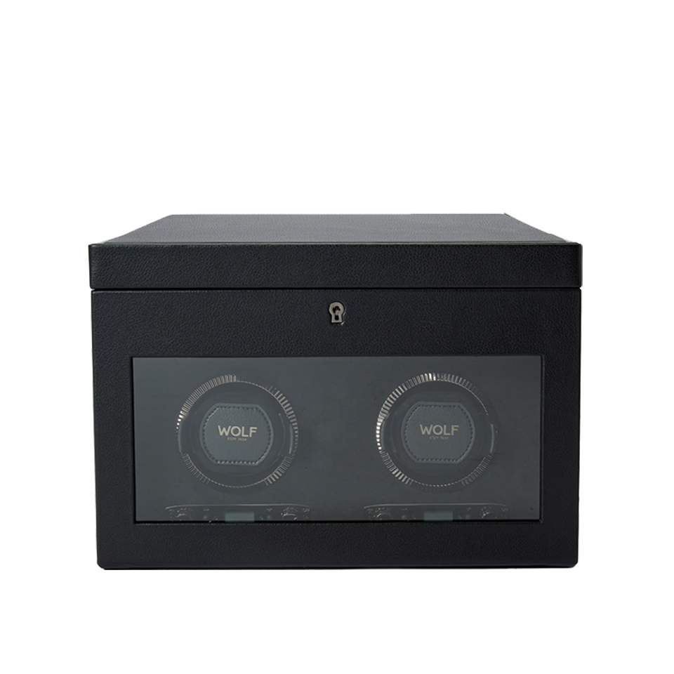 Wolf 1834 British Racing Double Watch Winder with Storage Black Leather Hardy Brothers Jewellers