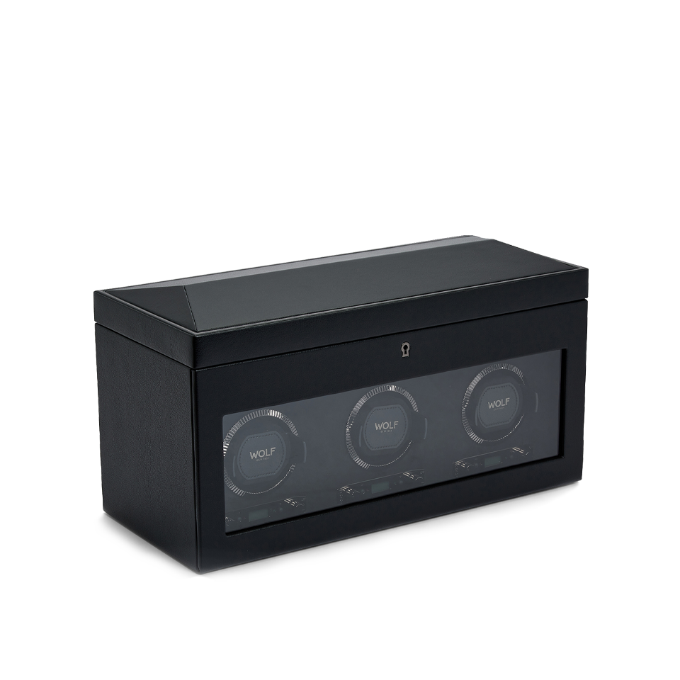 Wolf 1834 British Racing Triple Watch Winder with Storage Black Leather Hardy Brothers Jewellers