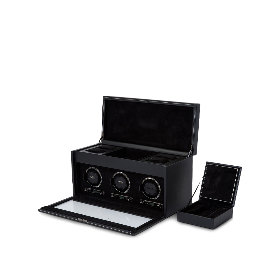 Wolf 1834 British Racing Triple Watch Winder with Storage Black Leather Hardy Brothers Jewellers