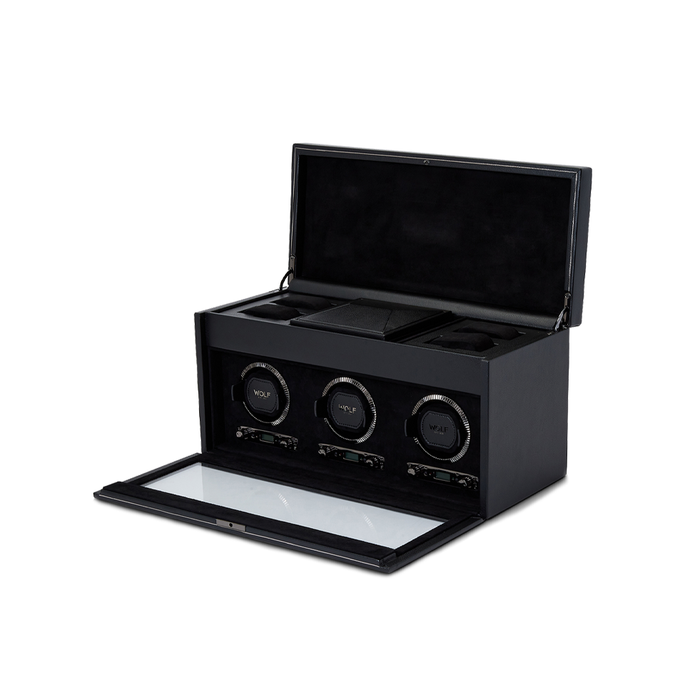 Wolf 1834 British Racing Triple Watch Winder with Storage Black Leather Hardy Brothers Jewellers