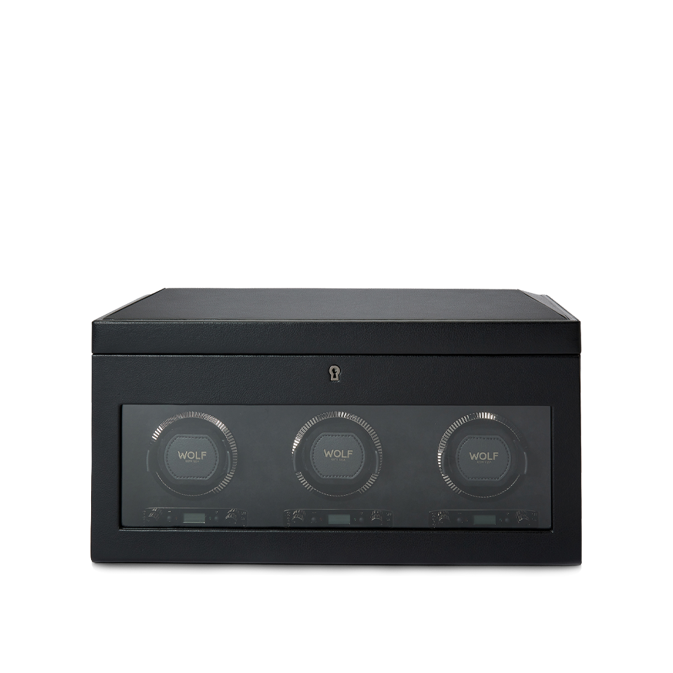 Wolf 1834 British Racing Triple Watch Winder with Storage Black Leather Hardy Brothers Jewellers