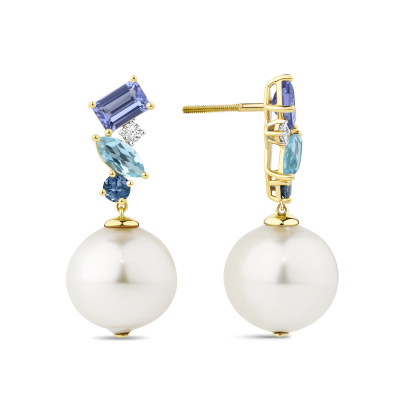 Tanzanite Topaz Sapphire and Australian South Sea Pearl Drop Earrings in 18ct Yellow Gold Hardy Brothers Jewellers