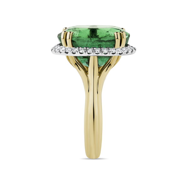 11.58 Carat Emerald and Diamond Halo Ring in 18ct Yellow Gold Hardy Brothers Jewellers