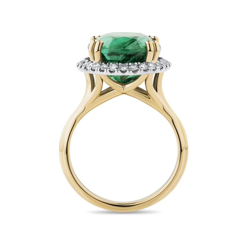 11.58 Carat Emerald and Diamond Halo Ring in 18ct Yellow Gold Hardy Brothers Jewellers