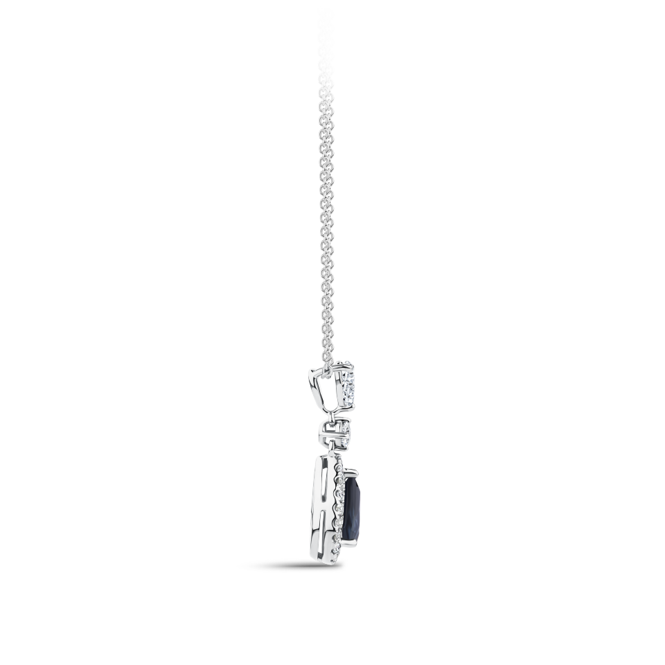 Pear Cut Sapphire and Diamond Halo Pendant in 18ct White Gold