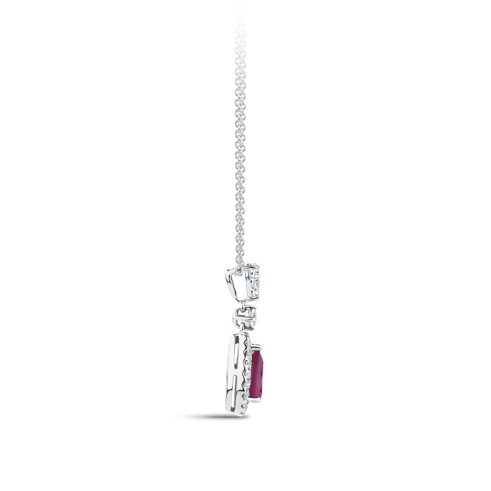 Pear Cut Ruby and Diamond Halo Pendant in 18ct White Gold