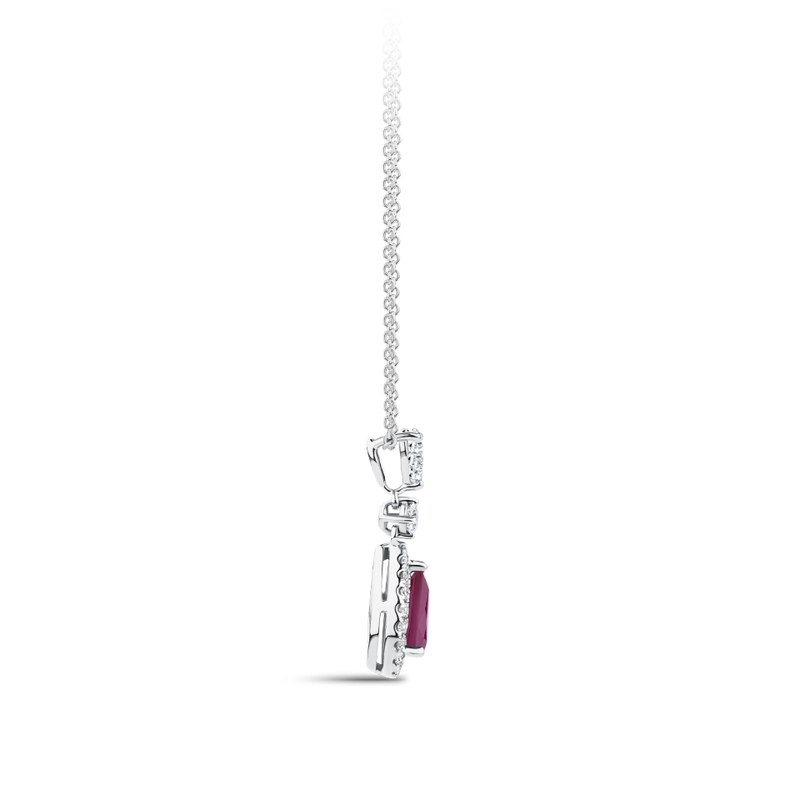 Pear Cut Ruby and Diamond Halo Pendant in 18ct White Gold Hardy Brothers Jeweller
