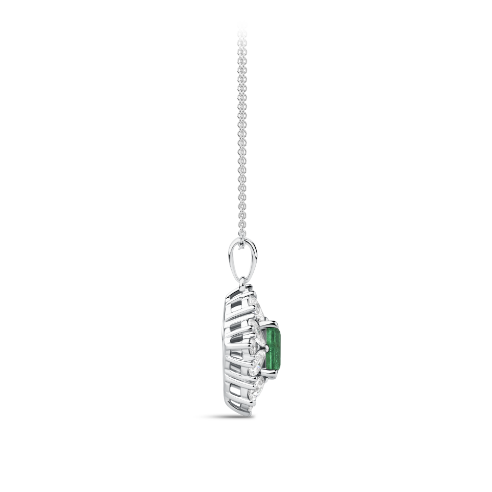 Emerald and Diamond Halo Pendant in 18ct White Gold
