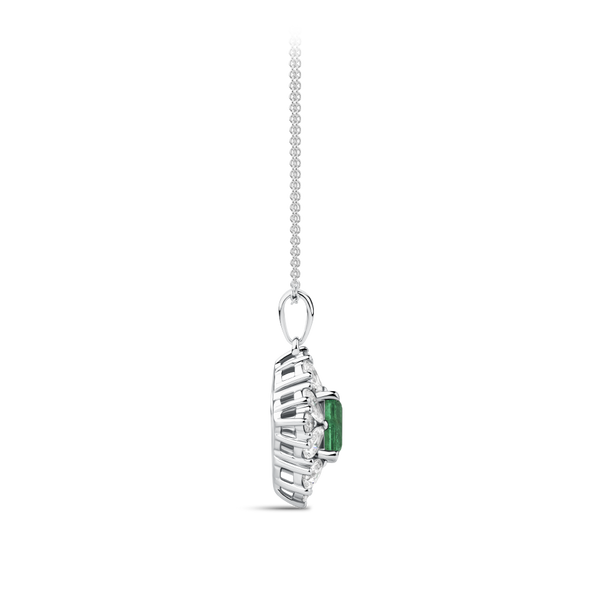 Emerald and Diamond Halo Pendant in 18ct White Gold Hardy Brothers Jewellers