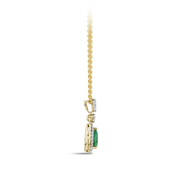 Pear Cut Emerald and Diamond Halo Pendant in 18ct Yellow and White Gold Hardy Brothers Jewellers