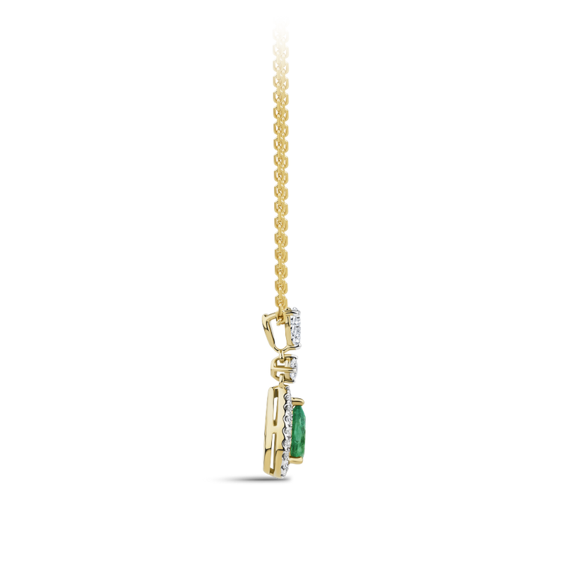 Pear Cut Emerald and Diamond Halo Pendant in 18ct Yellow and White Gold Hardy Brothers Jewellers