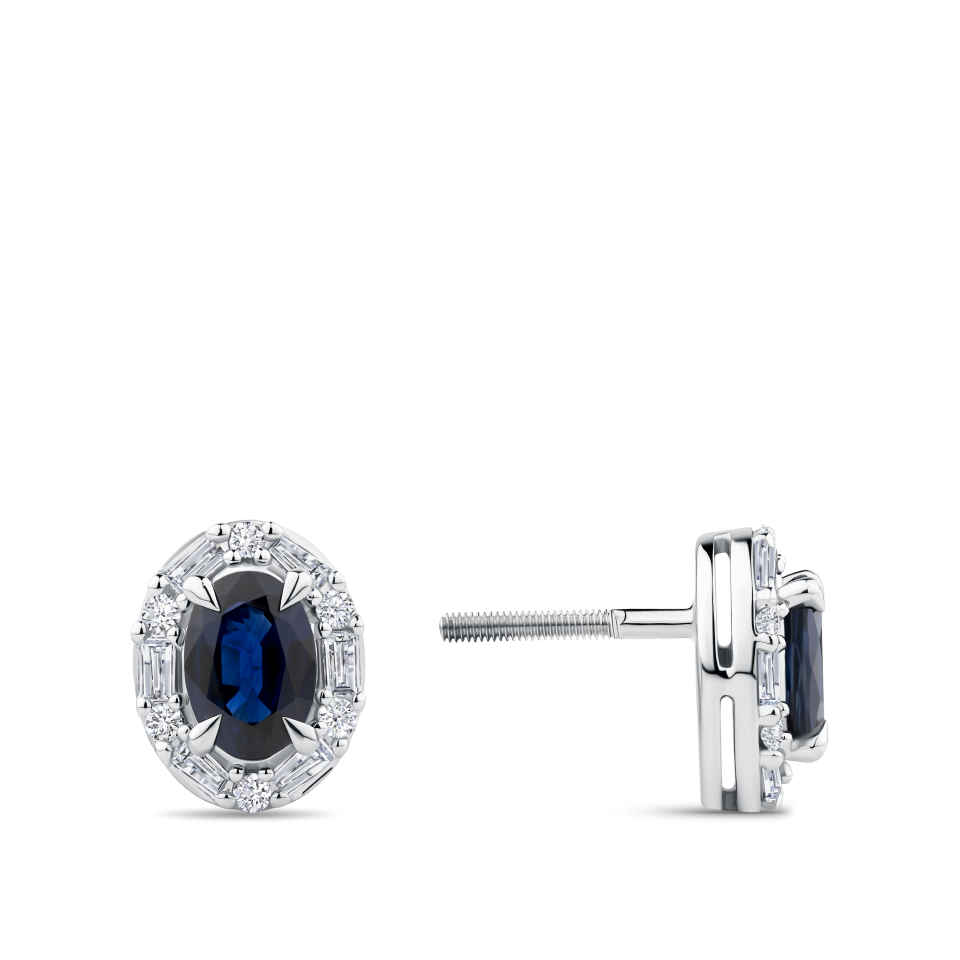 Oval Cut Sapphire and Alternating Diamond Stud Earrings in 18ct White Gold