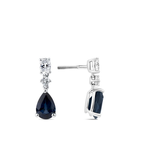 Pear Cut Sapphire and Diamond Drop Earrings in 18ct White Gold Hardy Brothers Jewellers