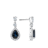 Pear Cut Sapphire and Diamond Halo Drop Earrings in 18ct White Gold