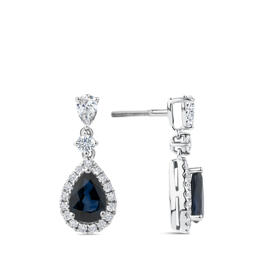 Pear Cut Sapphire and Diamond Halo Drop Earrings in 18ct White Gold