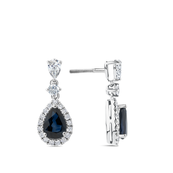 Pear Cut Sapphire and Diamond Halo Drop Earrings in 18ct White Gold Hardy Brothers Jewellers
