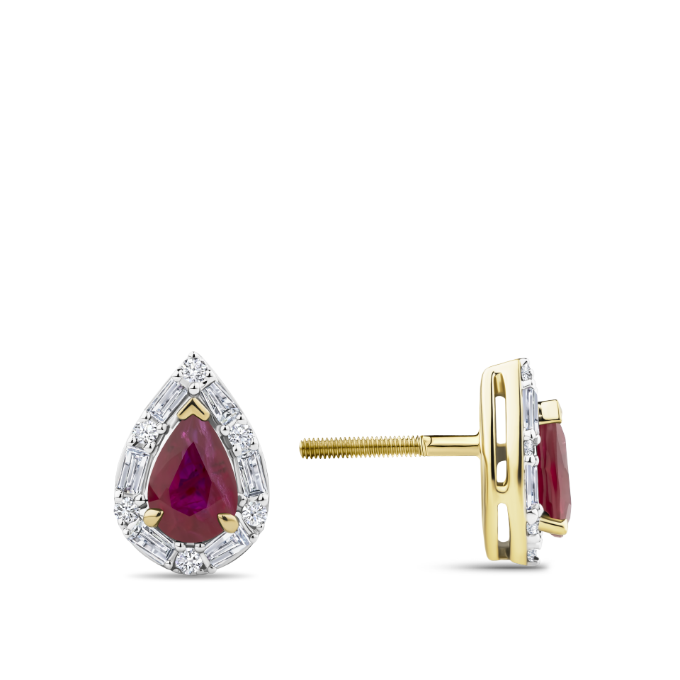 Pear Cut Ruby and Alternating Diamond Stud Earrings in 18ct Yellow and White Gold