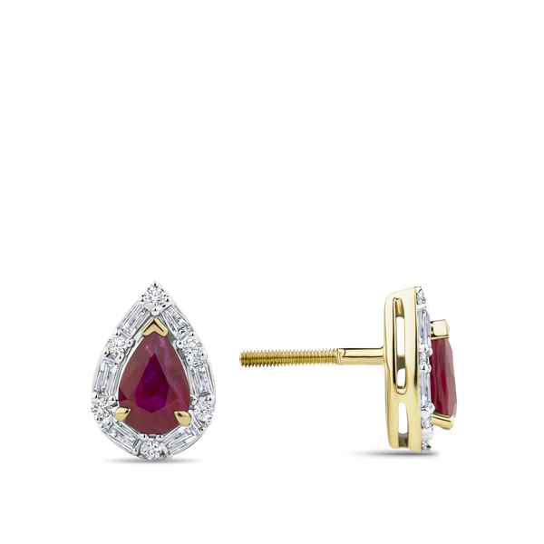 Pear Cut Ruby and Alternating Diamond Stud Earrings in 18ct Yellow and White Gold Hardy Brothers Jewellers