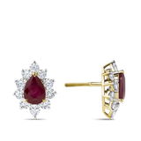 Pear Cut Ruby and Diamond Halo Stud Earrings in 18ct Yellow Gold