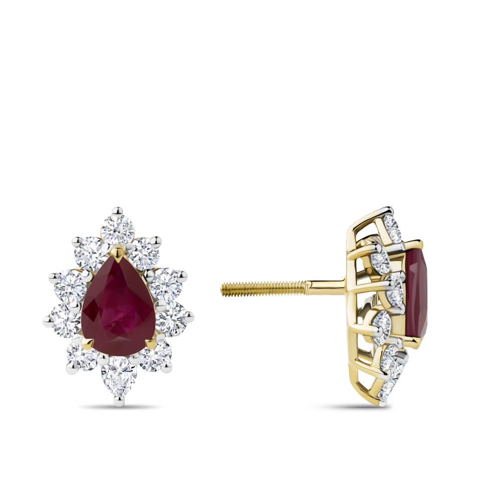 Pear Cut Ruby and Diamond Halo Stud Earrings in 18ct Yellow Gold