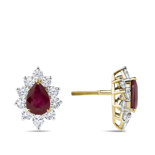 Pear Cut Ruby and Diamond Halo Stud Earrings in 18ct Yellow Gold Hardy Brothers Jewellers