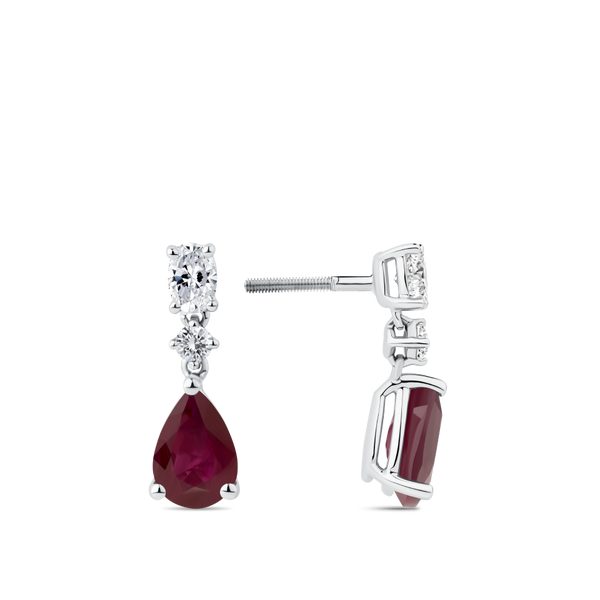 Pear Cut Ruby and Diamond Drop Earrings in 18ct White Gold Hardy Brothers Jewellers