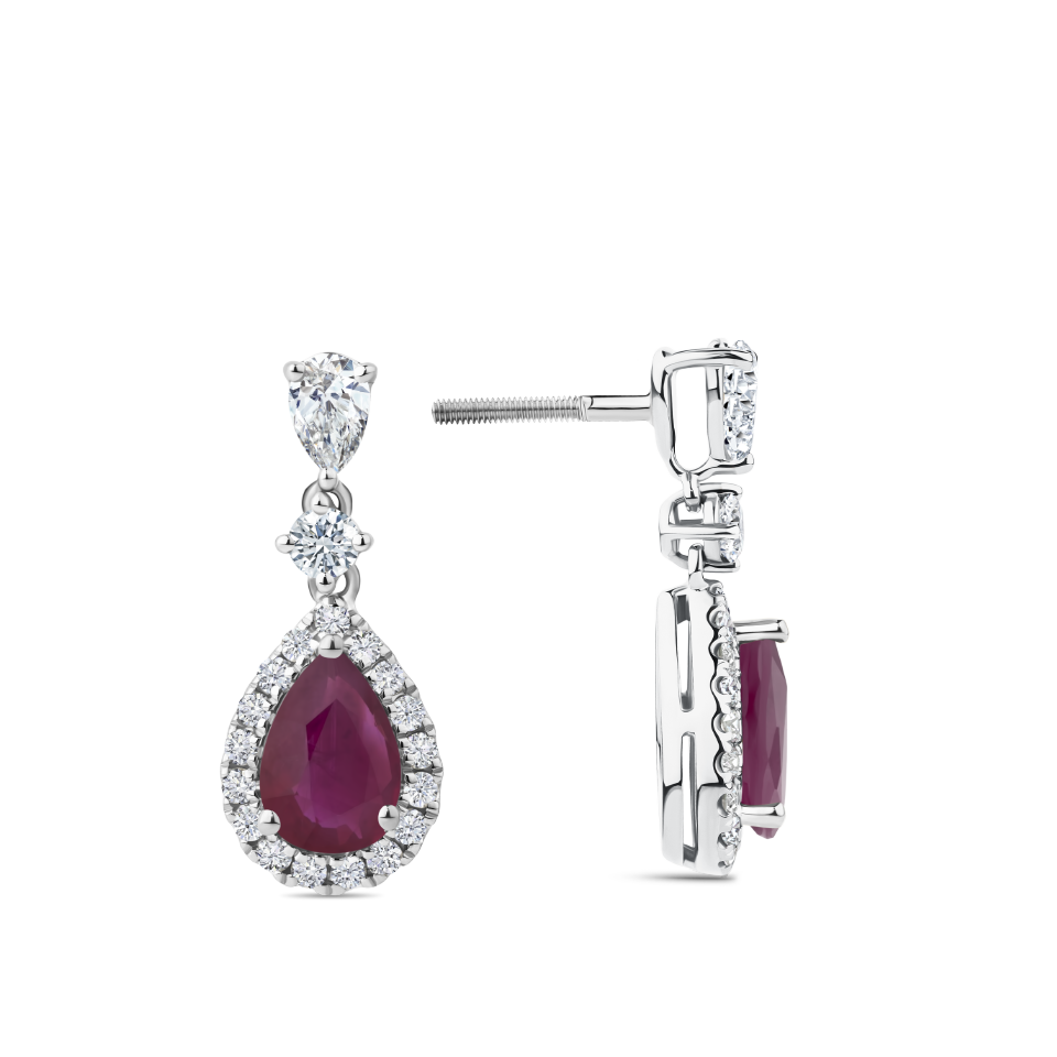 Pear Cut Ruby and Diamond Halo Drop Earrings in 18ct White Gold