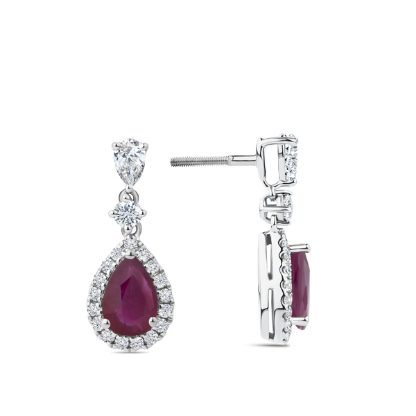 Pear Cut Ruby and Diamond Halo Drop Earrings in 18ct White Gold Hardy Brothers Jewellers