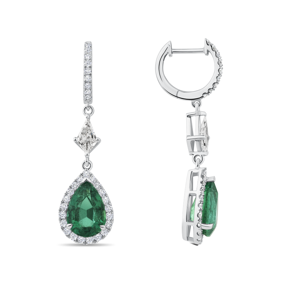 Pear Cut Emerald and Diamond Drop Earrings in 18ct White Gold