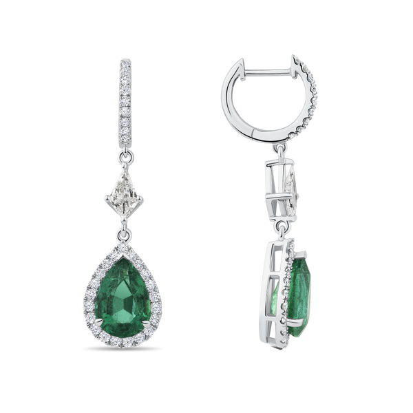 Pear Cut Emerald and Diamond Drop Earrings in 18ct White Gold Hardy Brothers Jewellers