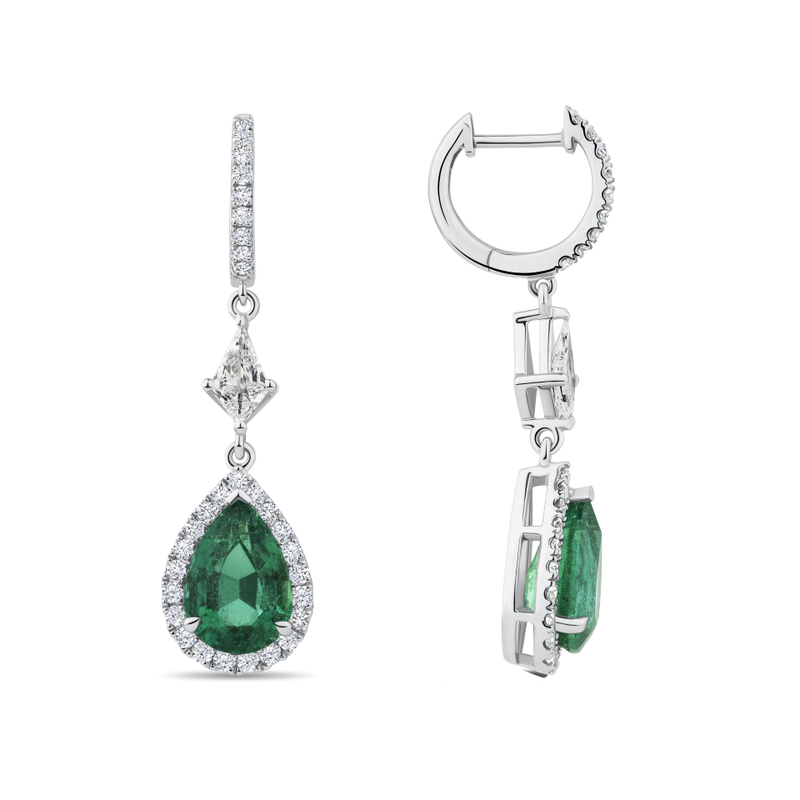 Pear Cut Emerald and Diamond Drop Earrings in 18ct White Gold Hardy Brothers Jewellers