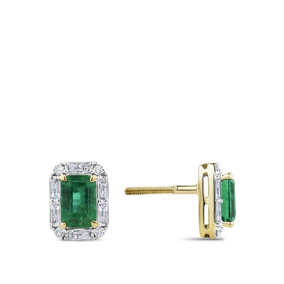 Emerald and Alternating Diamond Stud Earrings in 18ct Yellow and White Gold