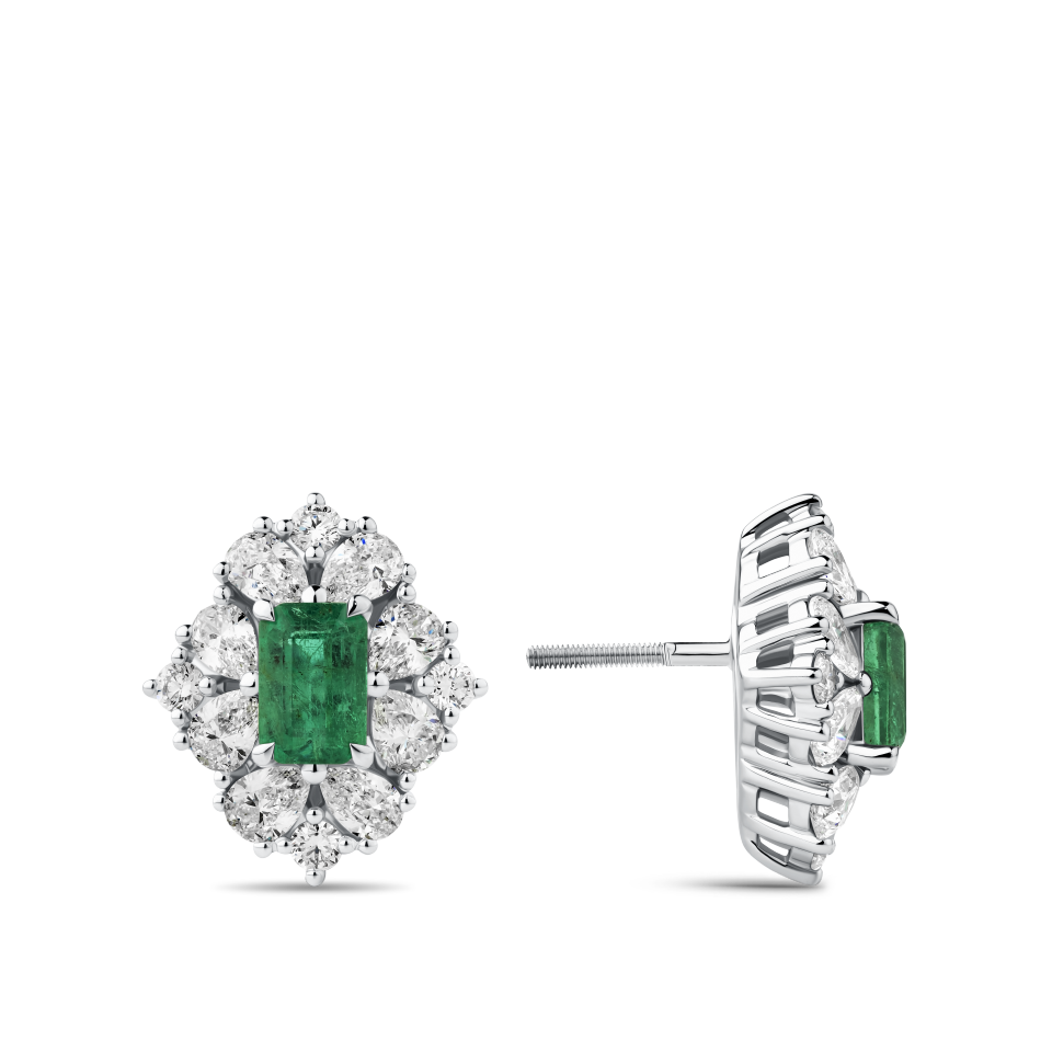 Emerald and Diamond Halo Earrings in 18ct White Gold